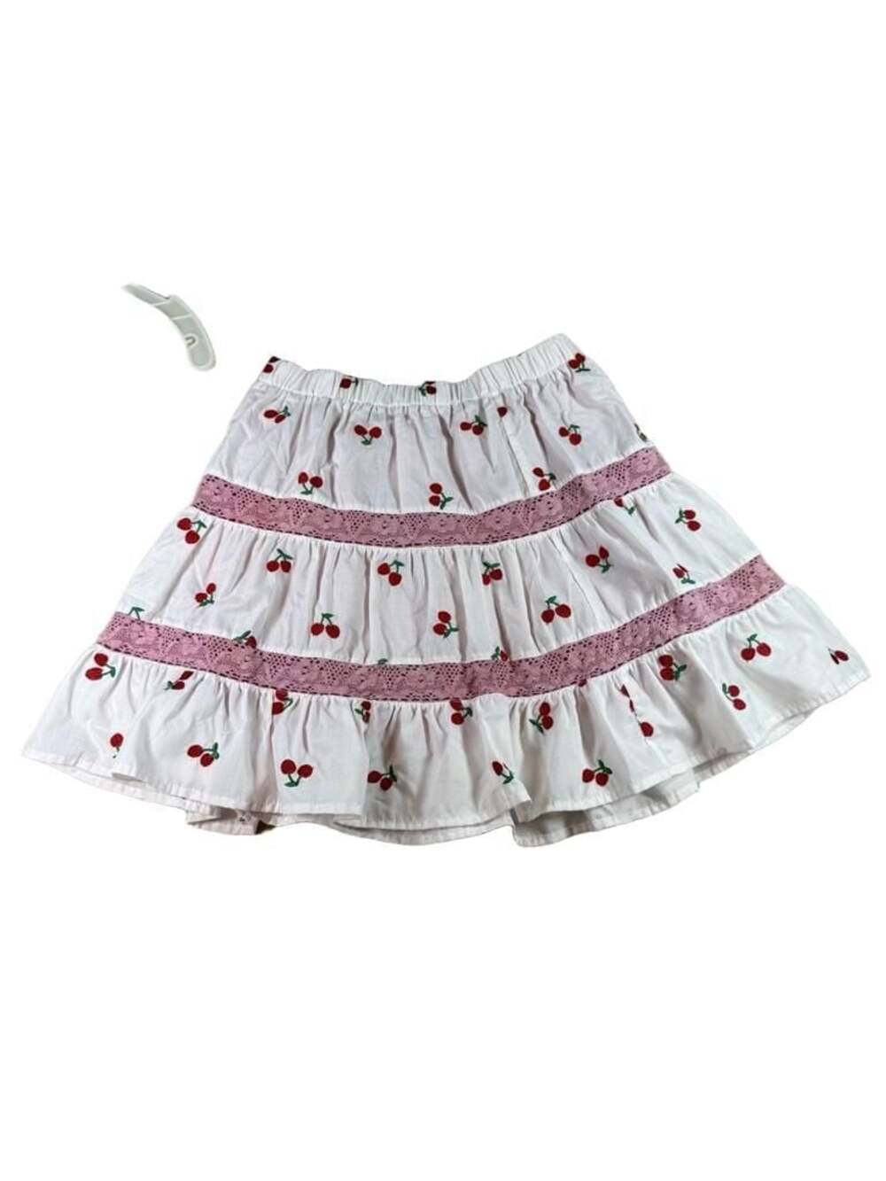 En Crème White and Red Cherry hand dyed pink lace Embroidered Tiered Ruffle Mini